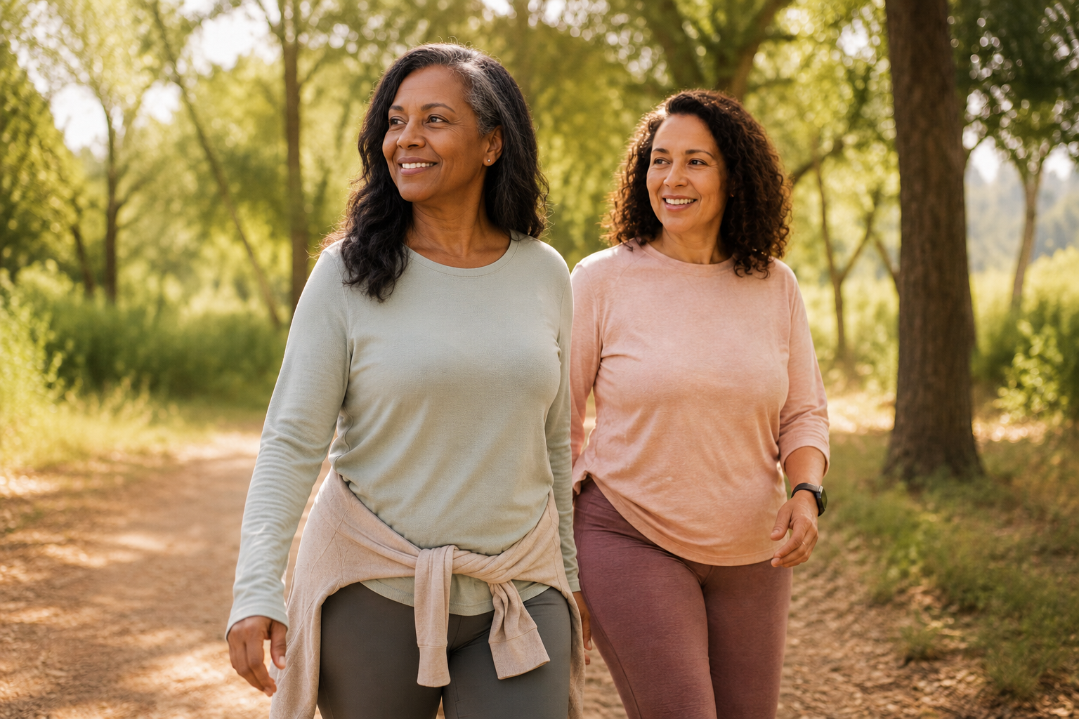 Women-strolling-along-a-sunlit-woodland-path
